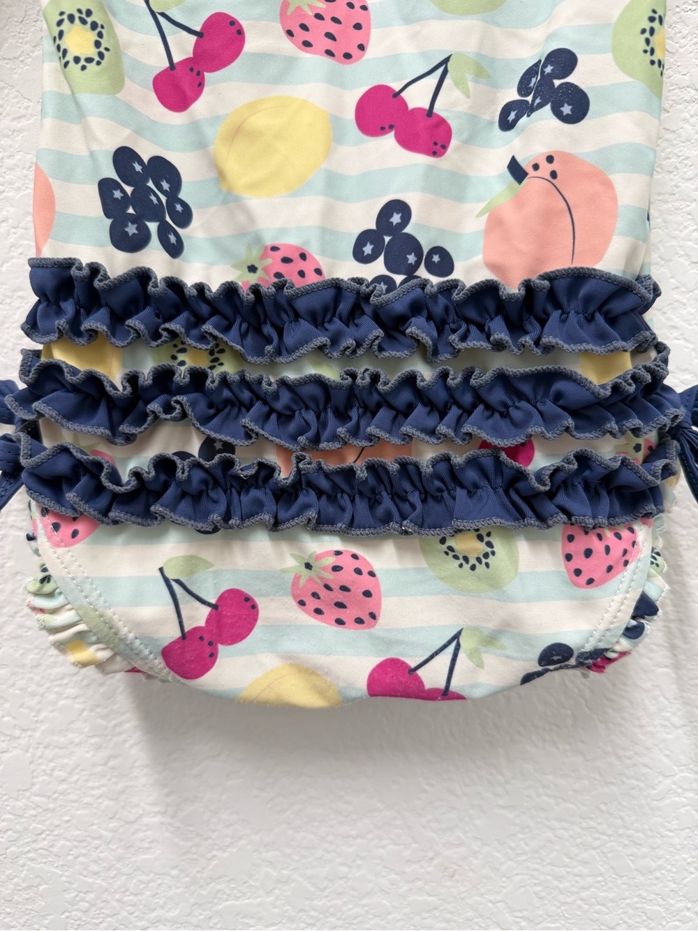 Ruffle Butts Navy-Trim Fruit Print Long Sleeve One-Piece - Picture 5 of 7